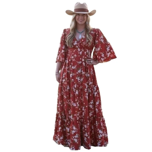California Moonrise maxi dress xs red floral Boho Hippie Tiered - Picture 4 of 10
